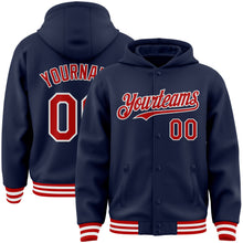 Load image into Gallery viewer, Custom Navy Red-White Bomber Full-Snap Varsity Letterman Hoodie Jacket