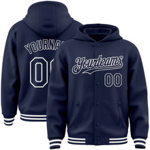 Load image into Gallery viewer, Custom Navy White Bomber Full-Snap Varsity Letterman Hoodie Jacket