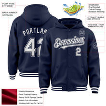 Load image into Gallery viewer, Custom Navy White Bomber Full-Snap Varsity Letterman Hoodie Jacket