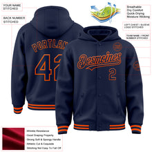 Load image into Gallery viewer, Custom Navy Orange Bomber Full-Snap Varsity Letterman Hoodie Jacket