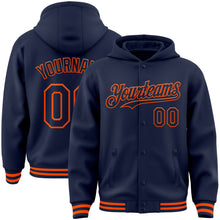 Load image into Gallery viewer, Custom Navy Orange Bomber Full-Snap Varsity Letterman Hoodie Jacket