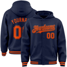 Load image into Gallery viewer, Custom Navy Orange Bomber Full-Snap Varsity Letterman Hoodie Jacket