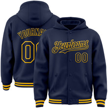 Load image into Gallery viewer, Custom Navy Gold Bomber Full-Snap Varsity Letterman Hoodie Jacket