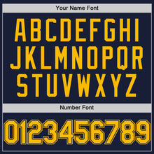 Load image into Gallery viewer, Custom Navy Gold Bomber Full-Snap Varsity Letterman Hoodie Jacket