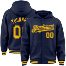 Load image into Gallery viewer, Custom Navy Gold Bomber Full-Snap Varsity Letterman Hoodie Jacket