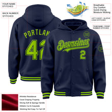 Load image into Gallery viewer, Custom Navy Neon Green Bomber Full-Snap Varsity Letterman Hoodie Jacket
