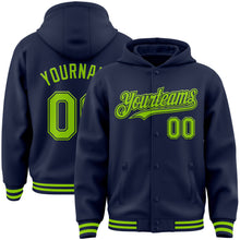 Load image into Gallery viewer, Custom Navy Neon Green Bomber Full-Snap Varsity Letterman Hoodie Jacket