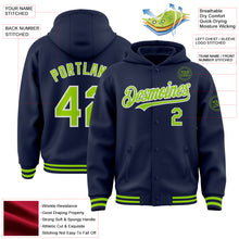 Load image into Gallery viewer, Custom Navy Neon Green-White Bomber Full-Snap Varsity Letterman Hoodie Jacket