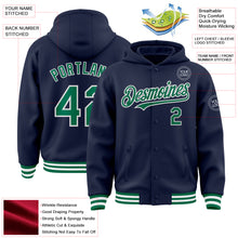 Load image into Gallery viewer, Custom Navy Kelly Green-White Bomber Full-Snap Varsity Letterman Hoodie Jacket