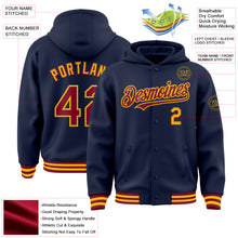 Load image into Gallery viewer, Custom Navy Crimson-Gold Bomber Full-Snap Varsity Letterman Hoodie Jacket