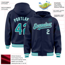 Load image into Gallery viewer, Custom Navy Teal-White Bomber Full-Snap Varsity Letterman Hoodie Jacket