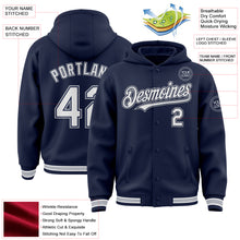 Load image into Gallery viewer, Custom Navy White-Gray Bomber Full-Snap Varsity Letterman Hoodie Jacket