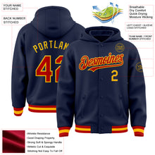 Load image into Gallery viewer, Custom Navy Red-Gold Bomber Full-Snap Varsity Letterman Hoodie Jacket