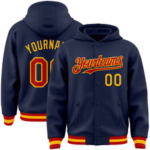 Load image into Gallery viewer, Custom Navy Red-Gold Bomber Full-Snap Varsity Letterman Hoodie Jacket