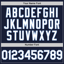 Load image into Gallery viewer, Custom Navy White-Light Blue Bomber Full-Snap Varsity Letterman Hoodie Jacket