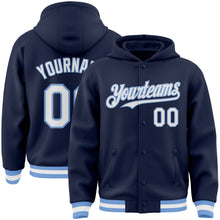 Load image into Gallery viewer, Custom Navy White-Light Blue Bomber Full-Snap Varsity Letterman Hoodie Jacket
