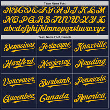 Load image into Gallery viewer, Custom Navy Gold Bomber Full-Snap Varsity Letterman Hoodie Jacket