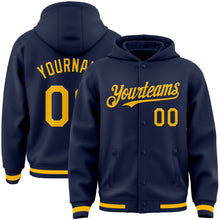 Load image into Gallery viewer, Custom Navy Gold Bomber Full-Snap Varsity Letterman Hoodie Jacket