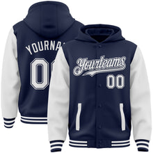 Load image into Gallery viewer, Custom Navy White Bomber Full-Snap Varsity Letterman Two Tone Hoodie Jacket