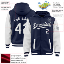 Load image into Gallery viewer, Custom Navy White Bomber Full-Snap Varsity Letterman Two Tone Hoodie Jacket
