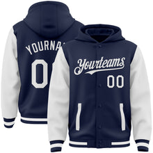 Load image into Gallery viewer, Custom Navy White Bomber Full-Snap Varsity Letterman Two Tone Hoodie Jacket
