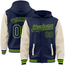 Load image into Gallery viewer, Custom Navy Cream-Neon Green Bomber Full-Snap Varsity Letterman Two Tone Hoodie Jacket
