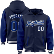 Load image into Gallery viewer, Custom Navy Royal-White Bomber Full-Snap Varsity Letterman Two Tone Hoodie Jacket
