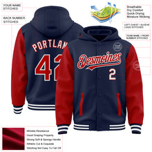 Load image into Gallery viewer, Custom Navy Red-White Bomber Full-Snap Varsity Letterman Two Tone Hoodie Jacket