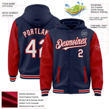 Load image into Gallery viewer, Custom Navy White-Red Bomber Full-Snap Varsity Letterman Two Tone Hoodie Jacket