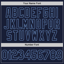 Load image into Gallery viewer, Custom Navy Light Blue Bomber Full-Snap Varsity Letterman Two Tone Hoodie Jacket