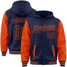 Load image into Gallery viewer, Custom Navy Orange Bomber Full-Snap Varsity Letterman Two Tone Hoodie Jacket