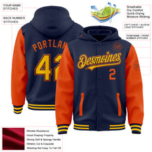 Load image into Gallery viewer, Custom Navy Gold-Orange Bomber Full-Snap Varsity Letterman Two Tone Hoodie Jacket