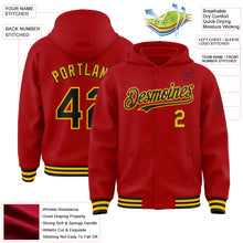 Load image into Gallery viewer, Custom Red Black-Gold Bomber Full-Snap Varsity Letterman Hoodie Jacket