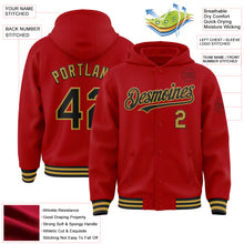 Load image into Gallery viewer, Custom Red Black-Old Gold Bomber Full-Snap Varsity Letterman Hoodie Jacket