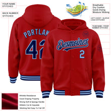 Load image into Gallery viewer, Custom Red Navy-Light Blue Bomber Full-Snap Varsity Letterman Hoodie Jacket