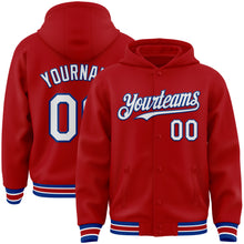 Load image into Gallery viewer, Custom Red White-Royal Bomber Full-Snap Varsity Letterman Hoodie Jacket