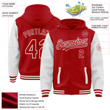 Load image into Gallery viewer, Custom Red White Bomber Full-Snap Varsity Letterman Two Tone Hoodie Jacket