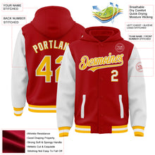 Load image into Gallery viewer, Custom Red Gold-White Bomber Full-Snap Varsity Letterman Two Tone Hoodie Jacket