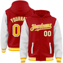 Load image into Gallery viewer, Custom Red Gold-White Bomber Full-Snap Varsity Letterman Two Tone Hoodie Jacket