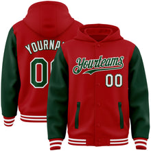 Load image into Gallery viewer, Custom Red Green-White Bomber Full-Snap Varsity Letterman Two Tone Hoodie Jacket