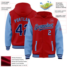 Load image into Gallery viewer, Custom Red Navy-Light Blue Bomber Full-Snap Varsity Letterman Two Tone Hoodie Jacket