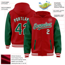 Load image into Gallery viewer, Custom Red Kelly Green-White Bomber Full-Snap Varsity Letterman Two Tone Hoodie Jacket