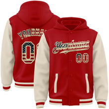 Load image into Gallery viewer, Custom Red Vintage USA Flag-Cream Bomber Full-Snap Varsity Letterman Two Tone Hoodie Jacket