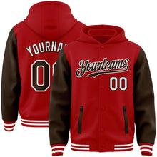 Load image into Gallery viewer, Custom Red Brown-White Bomber Full-Snap Varsity Letterman Two Tone Hoodie Jacket