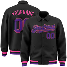 Load image into Gallery viewer, Custom Black Purple-Pink Bomber Full-Snap Varsity Letterman Lapel Collar Byron Jacket