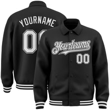 Load image into Gallery viewer, Custom Black White Bomber Full-Snap Varsity Letterman Lapel Collar Byron Jacket