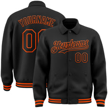 Load image into Gallery viewer, Custom Black Orange Bomber Full-Snap Varsity Letterman Lapel Collar Byron Jacket