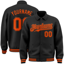 Load image into Gallery viewer, Custom Black Orange Bomber Full-Snap Varsity Letterman Lapel Collar Byron Jacket