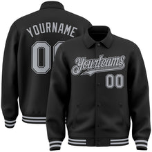 Load image into Gallery viewer, Custom Black Gray Bomber Full-Snap Varsity Letterman Lapel Collar Byron Jacket