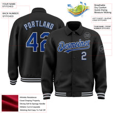 Load image into Gallery viewer, Custom Black Royal-Gray Bomber Full-Snap Varsity Letterman Lapel Collar Byron Jacket